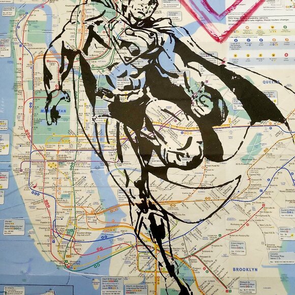 Handpainted Superman Acrylic Artwork on a NYC Subway Map Rare Original - Picture 5 of 8